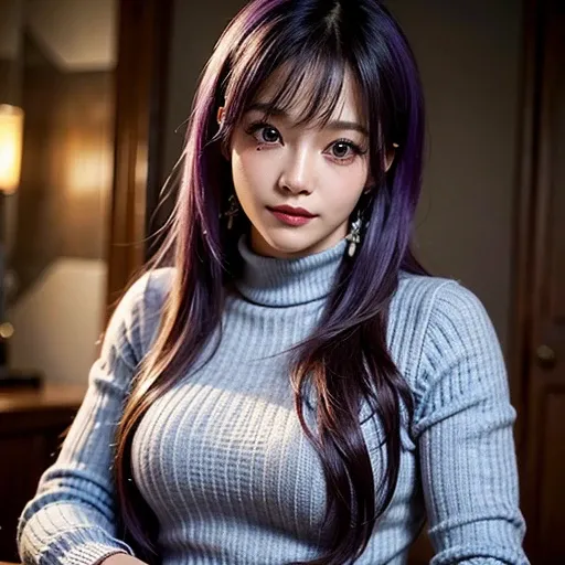 masterpiece, best quality, ultra-high res, 8k, (photo realistic:1.2), (depth of field), (high detailed face:1.2), (high detailed body:1.2), bangs, purple hair, light smile,
sitting, turtleneck knit sweater, 