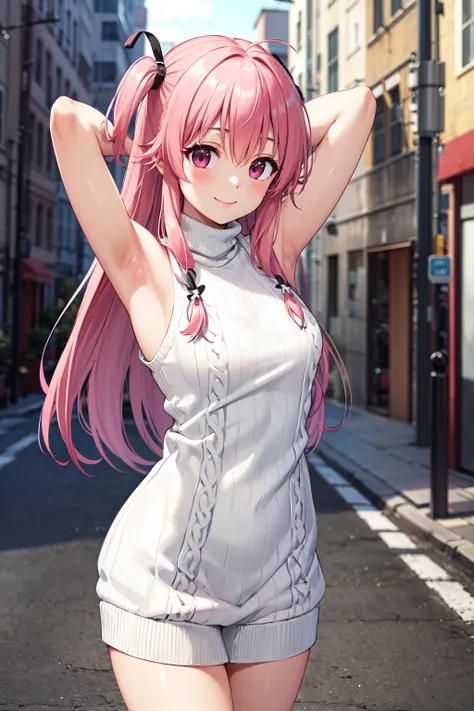 masterpiece,best quality,highres,ultra-detailed,aayui,long hair,two side up,hair ribbon,hair ornament,choker,<lora:yui_(angel_beats!):0.7>,(sweater:1.2),(turtleneck:1.2),street,smile,standing,cowboy shot,sleeveless,arm_behind_head,armpits,