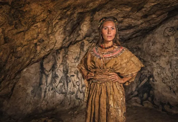 photograph, a beautiful woman dressed in primitive clothing in cave, wall painted cave, neolithic art, high quality photography, 4k, Canon EOS R3, hdr, smooth, sharp focus, high resolution, award winning photo,