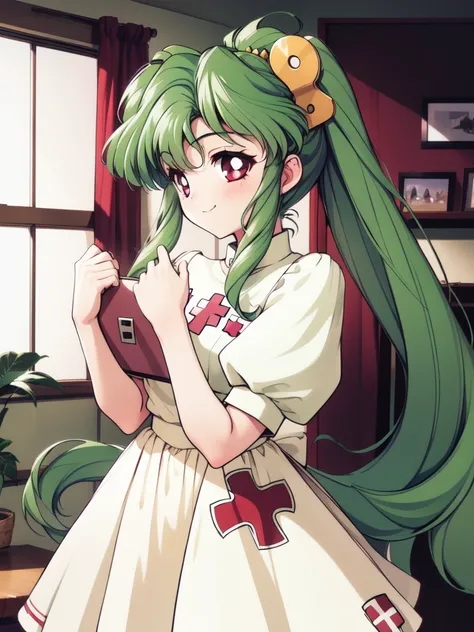 <lora:plum:0.8>, plum, 1girl, solo, long hair, green hair, red eyes, hair ornament,hair bobbles, jewel,
1girl, solo, green hair, long hair, retro artstyle, 1990s (style), clipboard, red eyes, holding, high heels, nurse, dress, smile, ponytail,  cowboy Shot...