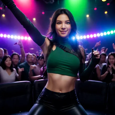 (((1girl dancing crowd of people in a nightclub with flashy green red blue lights dynamic pose:1.2))) (upper body), <lora:KateBishopFNLoRA:1> katebishop with long brown hair, ponytail and purple outfit, arrows and bow, beautiful eyes, beautiful girl, high ...