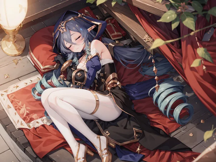 (extremely detailed CG, best quality:1.1), 1girl, perfect face, closed eyes, shiny skin, lustrous skin, wide hips, narrow waist, very long hair, drill hair, drill locks, pointy ears, blue hair, hair between eyes, juliet sleeves, detached sleeves, puffy sle...