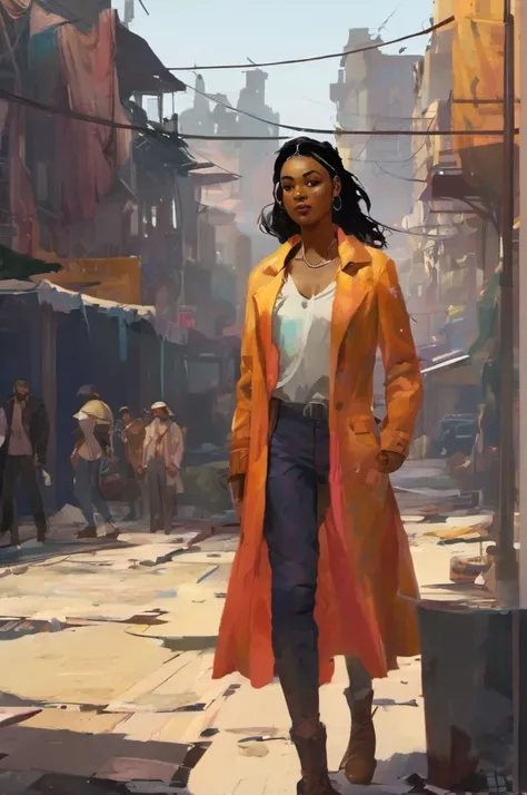 girl  in  Disco Elysium: Martinaise Streets: A gritty and neon-lit city street filled with diverse characters and hidden storylines. with many details,