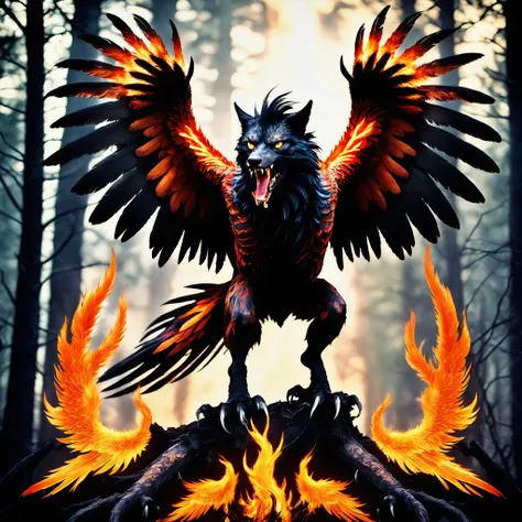 Deep in the forest a half werewolf half flaming phoenix howls,savage humanoid creature,standing on powerful hind legs with digitigrade feet,eyes glow unnatural intensity,predatory stare,face featuring wolf-like snout,sharp teeth,pointed ears,Muscular limbs...