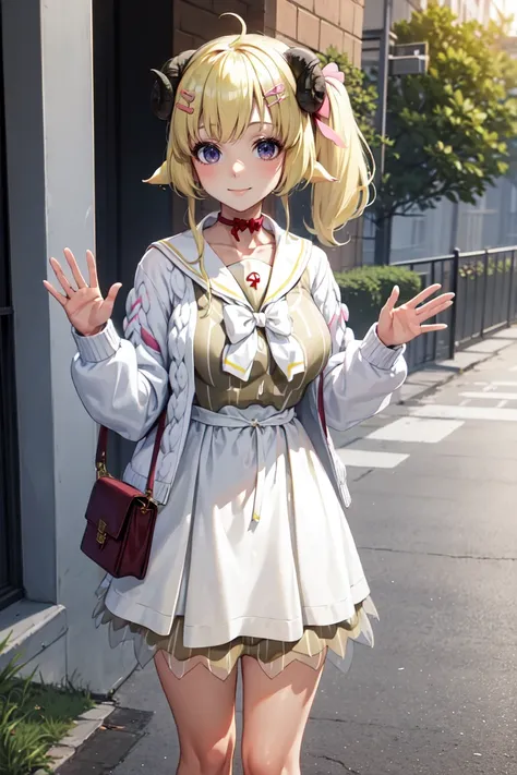 masterpiece, best quality, absurdres, WatameCasual, ahoge, side ponytail, short hair, hairclip, vertical-striped dress, sailor collar, red choker, white bow, cardigan, waving at viewer, smile, outdoors, <lora:WatameV5:1.0>