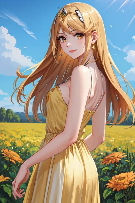 (masterpiece, best quality:1.2), solo, 1girl, mythrarnd, smile, looking back, tiara, (yellow sundress:1.1), earrings, flower field <lora:xenoblade2_mythra-17:0.9> <lora:YellowSundress-45:1>