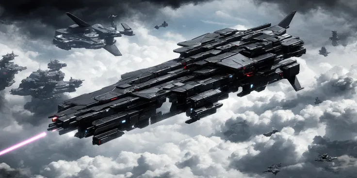 star battleship,symmetry,Prometheus uchuu senkan yamato,Integrity,realistic,mecha,science_fiction,machinery,8k,laser,laser sight,<lora:zhanjian:0.7>,military_vehicle,no_humans,cloudy_sky,dark clouds,(There was a lot of gunfire in the battle of high-altitud...