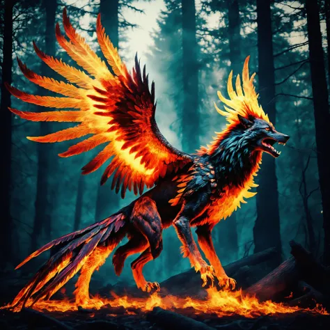 Deep in the forest a half werewolf half flaming phoenix howls,savage humanoid creature,standing on powerful hind legs with digitigrade feet,eyes glow unnatural intensity,predatory stare,face featuring wolf-like snout,sharp teeth,pointed ears,Muscular limbs...
