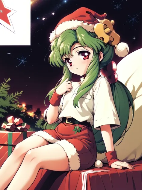 <lora:plum:0.9>, plum, 1girl, solo, long hair, green hair, red eyes, hair ornament,hair bobbles, jewel,
Christmas, SantaClaus, hat, night, starry sky, sitting,
masterpiece, high quality, very_high_resolution, large_filesize, full color,