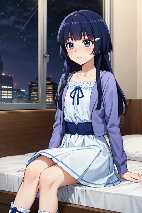 masterpiece,best quality,highres,ultra-detailed,ccreika,blue theme,long hair,hairclip,jacket,long sleeves,collarbone,ribbon,dress,skirt,long skirt,boots,<lora:aoki_reika:0.9>,indoors,sitting,bed,blush,(embarrass:1.2),night,