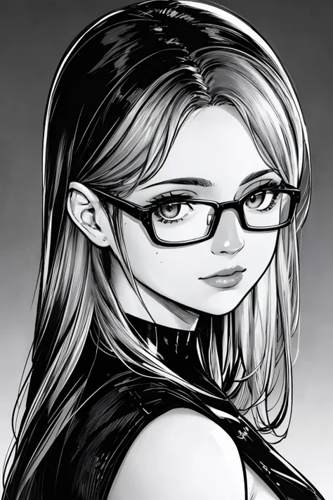 (masterpiece, best quality:1.2),  <lora:diabolumberto:1>, diabolumberto, greyscale, monochrome, solo, 1girl, glasses, looking at viewer