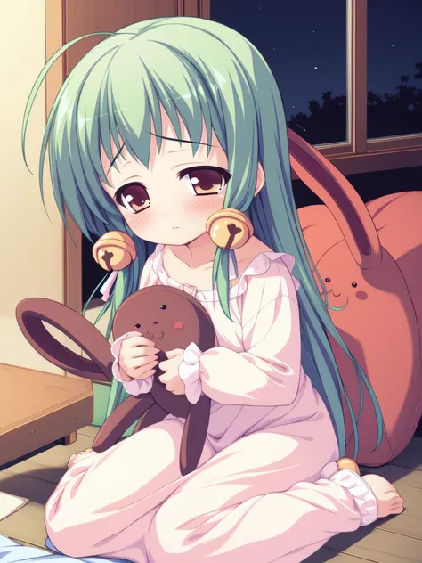 <lora:TachibanaYuzu:0.8>, TachibanaYuzu, 1girl, solo, green hair, stuffed toy, stuffed animal, slippers, bell, long hair, stuffed bunny, hair bell, nightgown, child, pajamas, jingle bell, blush, hair ornament, ribbon, sad,
sanatorium, morning,
masterpiece,...