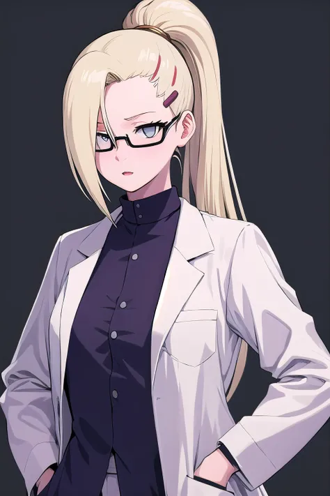 masterpiece, best quality, ultra-high-detailed, 1girl, lab coat,  hands in pockets, glasses, yamanaka ino, hair over one eye, ponytail, hairclip