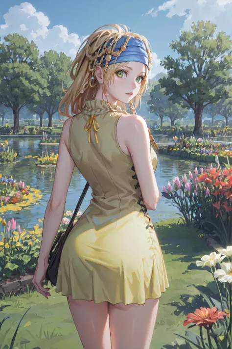 RikkuX2, blue headband, <lora:RikkuV3:1>, (yellow sundress:1.3), garden, from behind, flower, cowboy shot, looking at viewer,