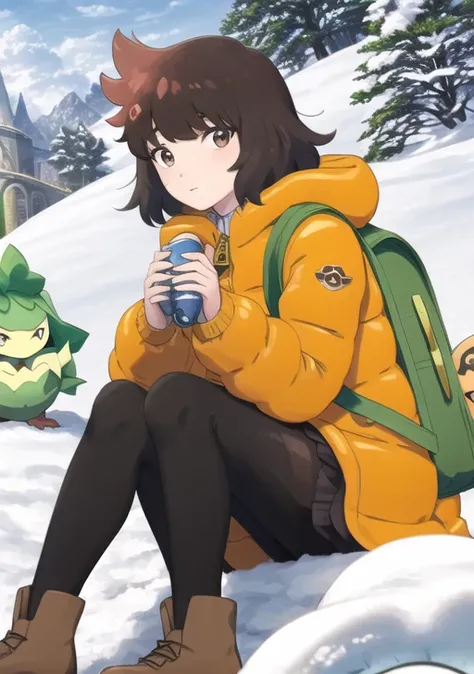 <lora:OharaPaldeanWins-08:0.7> OharaPaldeanWins, 1girl, solo, looking at viewer, sitting, jacket, pantyhose, boots, outdoors, sky, cloud, bag, pokemon (creature), backpack, snow, orange jacket