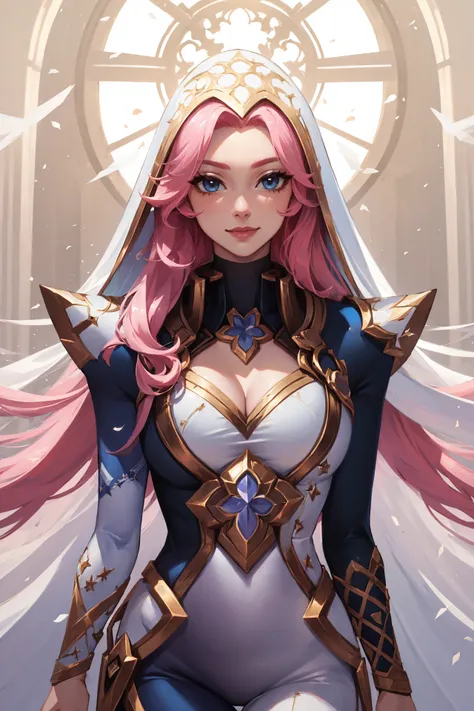 (masterpiece, best quality:1.2), intricate details, <lora:GoodHands-beta2:1>,  <lora:broken_covenant_miss_fortuneV1.2-000010:1>, pbcmf, bodysuit, cleavage, pink hair, coif, light smile