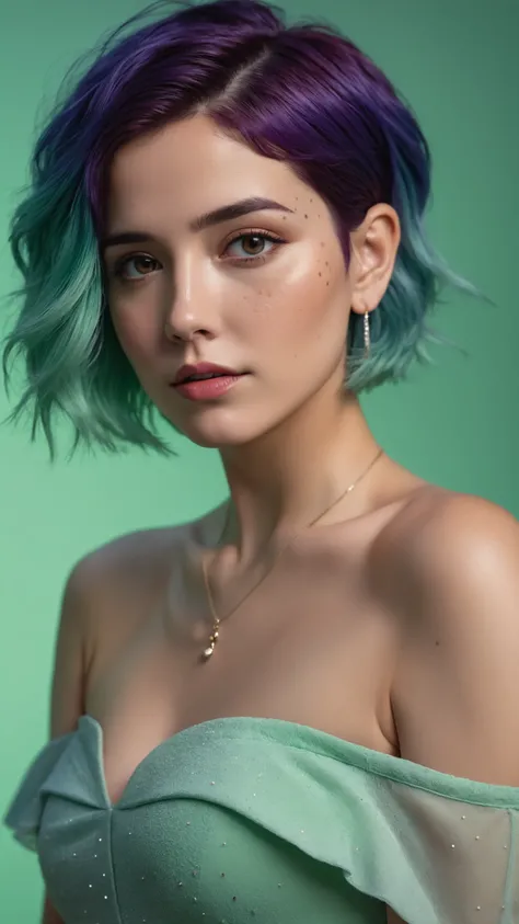 (masterpiece, best quality, ultra realistic, 32k, RAW photo, detail skin, 8k uhd, dslr, high quality, film grain:1.1), short hair, Electric blue hair:1.1, portrait, lady, brown eyes, deep purple Off-the-shoulder top/dress, freckles, (Mint green gradient ba...