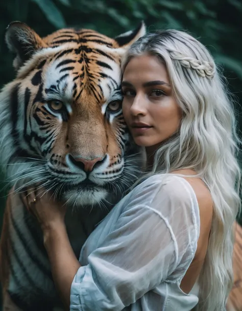 A photo of an (Albino woman:1.1), embracing a (majestic Bengal tiger:1.3) with mutual affection, both featuring cybernetic enhancements, neon-striped fur, tigers glowing eyes, woman and tiger resting on a (futuristic metal ledge:1.2), overlooking a (dystop...