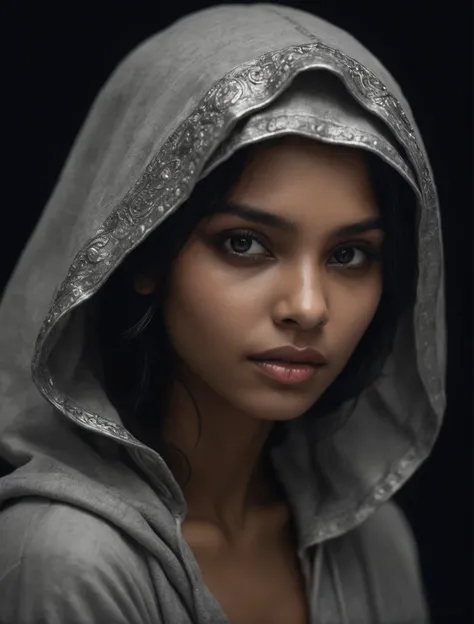 photography art by Marc Lagrange, On pale black paper, heavyset Bangladeshi young_woman, she is Gorgeous and Fantasy, mouth of Humanity, in Hooded,armor, Glib One-Eyed, at Nighttime, Altermodern, 35mm, high quality photography, 3 point lighting, flash with...