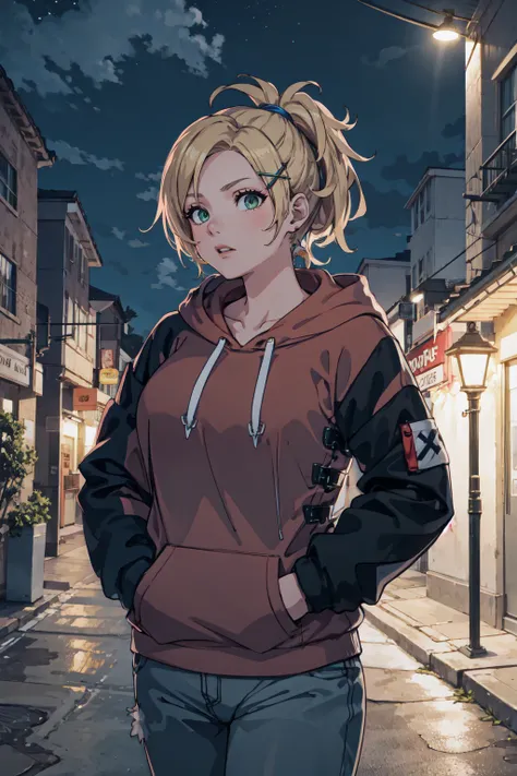 RikkuX, x hair ornament, <lora:RikkuV3:1>, hoodie, black hoodie, outdoors, hands in pockets, street, lamp, night, large breasts,