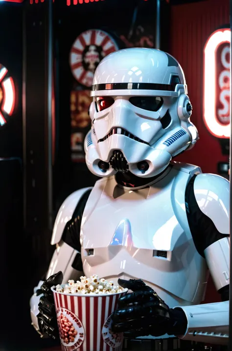 a candid photograph of: 3dglasses, stormtrooper in helmet, stormtrooper uniform, next in line at concession stand at movie theater, popcorn, shot on a RED digital cinematic camera, Sigma 85mm f/1.4, pores, highly detailed skin, goosebumps, highly detailed ...