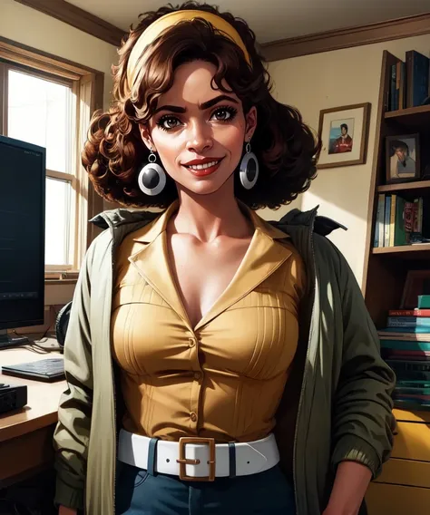 juliana,curly hair,brown hair,
yellow shirt,open jacket,belt,earrings,hairband,
looking at viewer,smile,
standing,upper body,
music room,computers,1970s (style),
(insanely detailed, beautiful detailed face,beautiful detailed eyes, masterpiece, best quality...