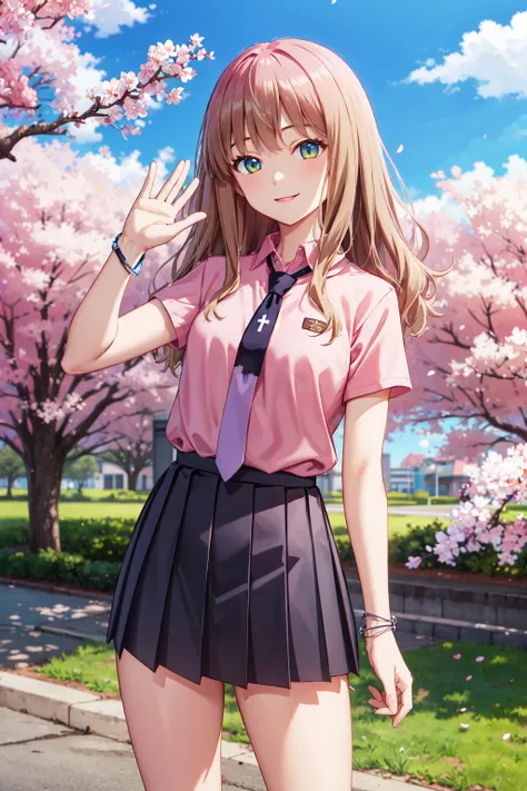 masterpiece,best quality,highres,ultra-detailed,bbyume,long hair,school uniform,necktie,collared shirt,pink shirt,short sleeves,bracelet,pleated skirt,black skirt,socks,black socks,loafers,brown footwear,<lora:minami_yume:0.8>,outdoors,cherry blossoms,stan...