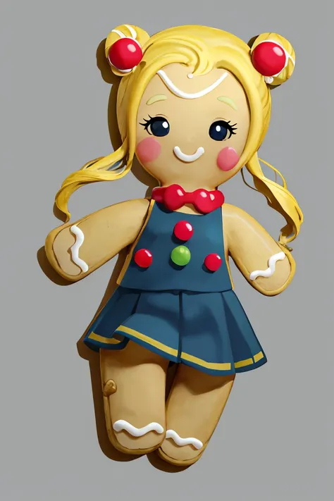 ((masterpiece,best quality)), absurdres,
<lora:Gingerbread_Man:1>, Gingerbread_Man, food, cookie, food focus,
simple background,  grey background,
1girl,
aausagi, double bun, twintails, blonde hair,  blue skirt, <lora:sailor_moon_v1:0.7>