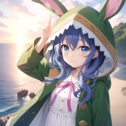 ((masterpiece)),(best quality),official art,extremely detailed CG,unity 8k wallpaper,ultra detailed,A lighthouse on a cliff by the sea,1girl,solo,upper body,(portrait:1.2),looking at viewer,yoshino (date a live),bunny ears hood,white dress,blue eyes,blue h...