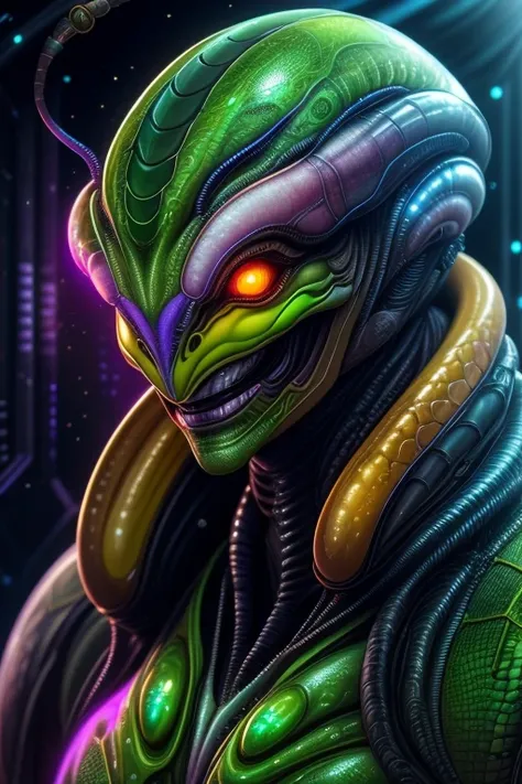 Beautiful woman, alien, green skin, snake humanoid, dragon scales, beautiful detailed face, rough skin, scales, snake, devious grin, narrow yellow eyes, looking away, slit pupils, small flat nose, best quality, extremely detailed, sci-fi, neon, glowing, co...