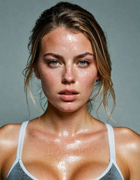 portrait photoshoot of a girl, she is (sweaty), sweat on her face, (sweaty cleavage:1.2), 22 year old, ultra detailed skin texture, skin pores, photo shot by Ingrid baars, shot with Hasselblad, sharp focus, hd, grey background, photo studio, upper body sho...