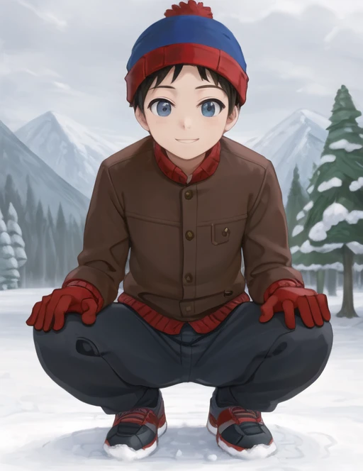 <lora:stanmarsh-08:0.7>  stanmarsh, solo, smile, gloves, 1boy, hat, jacket, full body, male focus, shoes, pants, snow, red gloves, beanie