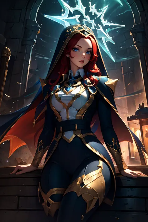 (masterpiece, best quality:1.2), intricate details, <lora:GoodHands-beta2:1>,  <lora:broken_covenant_miss_fortuneV1.2-000010:1>, bcmf, 1girl, jacket, red hair, black coif