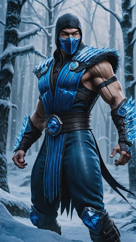 RAW photo of a named Sub-Zero, Mortal Kombat character, combat posing, winter forest, ice effects, full body shot, depth of field detailed Mortal Kombat logo background, realistic, cinematic lighting, soft shadows, sharp focus, fractal, colorful, depth of ...