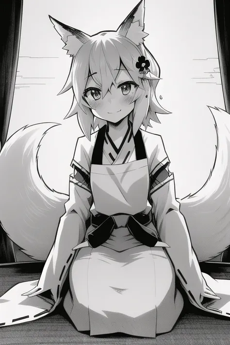 <lora:senkoLora_v4:1>, 1girl, animal ear fluff, animal ears, apron, blush, brown eyes, flower, fox ears, fox girl, greyscale, hair between eyes, japanese clothes, looking at viewer, miko, monochrome, sen, sen-anime, short hair, smile, solo, tail, white kim...