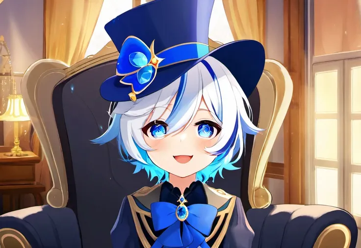 a young girl with white hair, wearing a blue hat and a blue dress. She is sitting on a couch, smiling and looking at the camera. The scene appears to be set in a room with a chair nearby, depth of field, cinematic compositions, best lighting, 1girl, ahoge,...