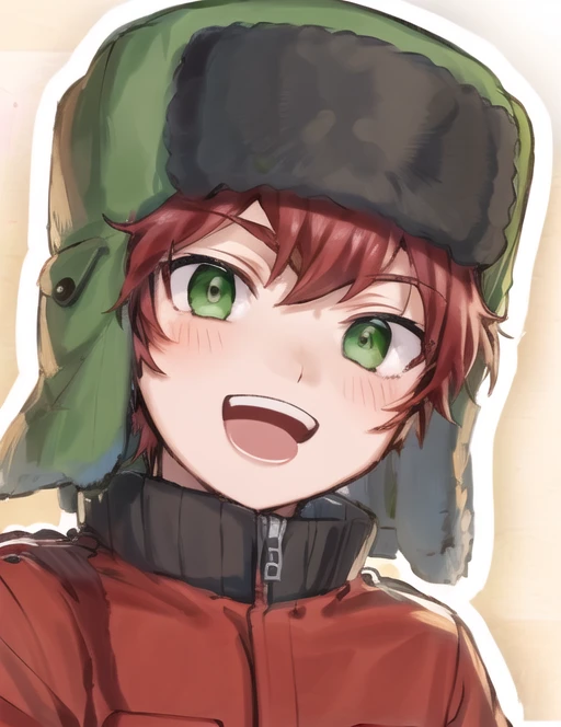 <lora:kylebroflovski-08:0.7>  kylebroflovski, solo, looking at viewer, blush, smile, open mouth, 1boy, hat, :d, male focus, portrait, close-up, brown headwear, multicolored background, fur hat, ushanka