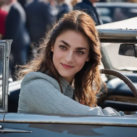 miriam_leone, <lora:MiriamLeoneXL:1>,solo,long hair,looking at viewer,smile,shirt,long sleeves,upper body,parted lips,teeth,solo focus,inside car,reflection,head rest,realistic,old 1960 car,dirty,, ((sharp face, detailed face, realistic face, naturtal skin...