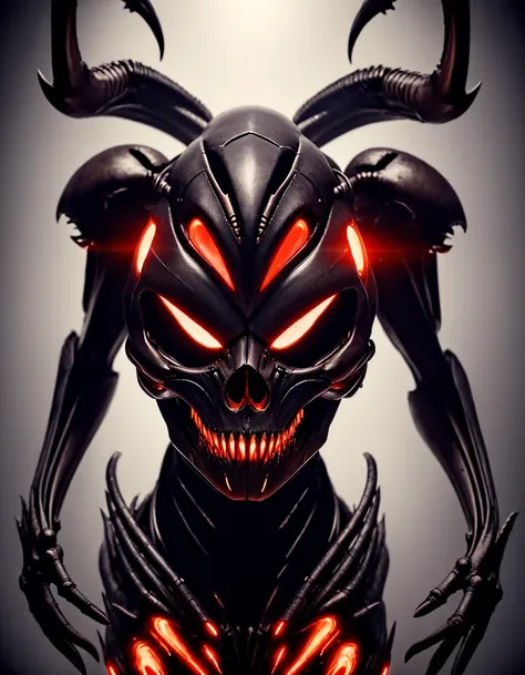 upper body biomechanical helmet, skulls ,alien, red glowing eyes, elegant, intense, claws, veins, captured dramatic lighting, dynamic view, dynamic pose, (photorealistic, masterpiece:1.2), best quality, high resolution, beautiful detailed, extremely detail...