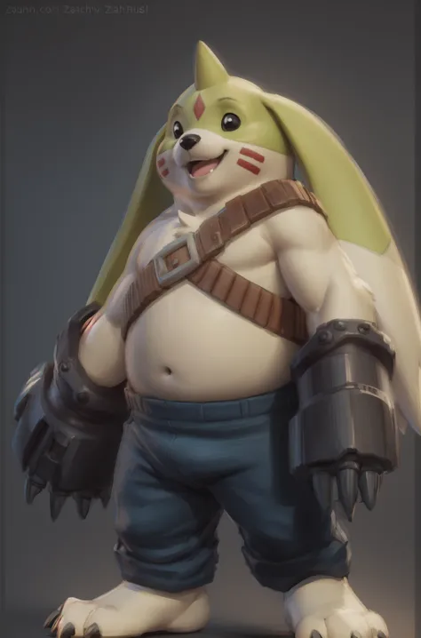 <lora:gargomon-06:0.9>, gargomon, plump, chubby male,  (posing:1.3), (soft shading), 4k, hi res, five fingers, detailed hands, ((detailed face, (black eyes), detailed)), by zackarry911, by zaush, (by personalami:0.5),smile, open mouth, simple background, s...