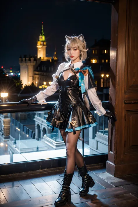 best quality, masterpiece, photorealistic, 1girl, solo, standing, full body, (looking at viewer:1.2), closed mouth, lynette cosplay, dress, cosplay, animal ears, blonde hair, short hair, collar, long sleeves, pantyhose, blonde hair, black pantyhose, gloves...