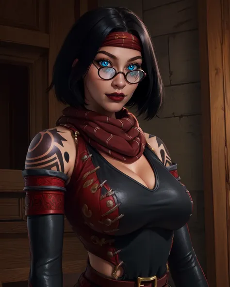 Briar,black hair,shoulder tattoo,lips,short hair,red-tinted eyewear, blue eyes, 
headband,black top,cleavage,scarf,detached sleeves,belt,
standing,upper body,smirk,
fantasy,inn,
(insanely detailed, beautiful detailed face,beautiful detailed eyes, masterpie...