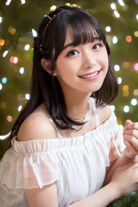 1girl,(wearing a santa off shoulder top:1.6),(RAW photo, best quality), (realistic, photo-realistic:1.4), masterpiece, an extremely delicate and beautiful, extremely detailed, 2k wallpaper, Amazing, finely detail, extremely detailed CG unity 8k wallpaper, ...