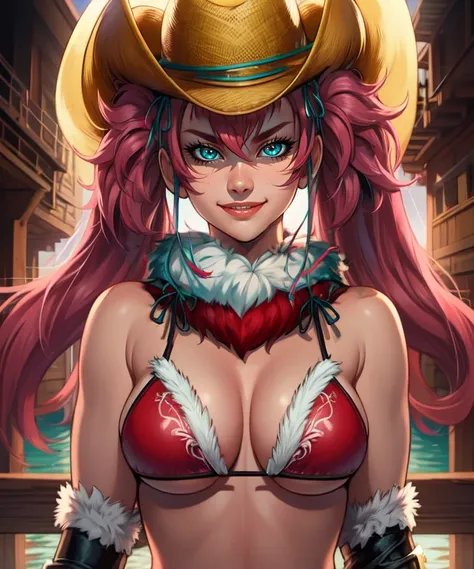 Kagura,pink hair,twintails,aqua eyes,long hair,cowboy hat,slit pupils,
cowboy hat,red bikini,fur trim,ribbon,black gloves,
solo,upper body,standing,
smile,docks,
(insanely detailed, beautiful detailed face, masterpiece, best quality) cinematic lighting,<lo...