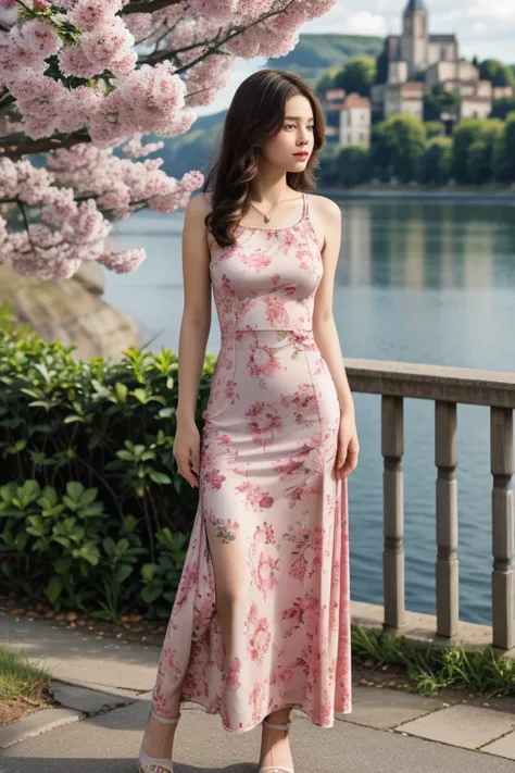 1woman, cute, beautiful, realistic, scenic view from europe, full body shot
<lora:floral_print_long_dress_by_stable_yogi:1> pink...