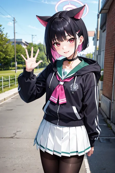 masterpiece,best quality,highres,ultra-detailed,aakazusa,halo,cat ears,short hair,multicolored hair,two-tone hair,colored inner hair,bangs,hairclip,black choker,school uniform,hooded jacket,black jacket,pink neckerchief,long sleeves,green sailor collar,shi...