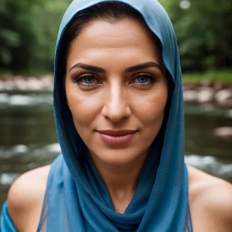 cinematic film still  center of view camera , still photorealistic, ultra-realistic, glowing color hair,   60  arabic style year old woman,blue detailed  eyes, long blue theme, eyeshadow,  skin pores, shiny skin, selfie, red dress, photo shoot, rain  backg...