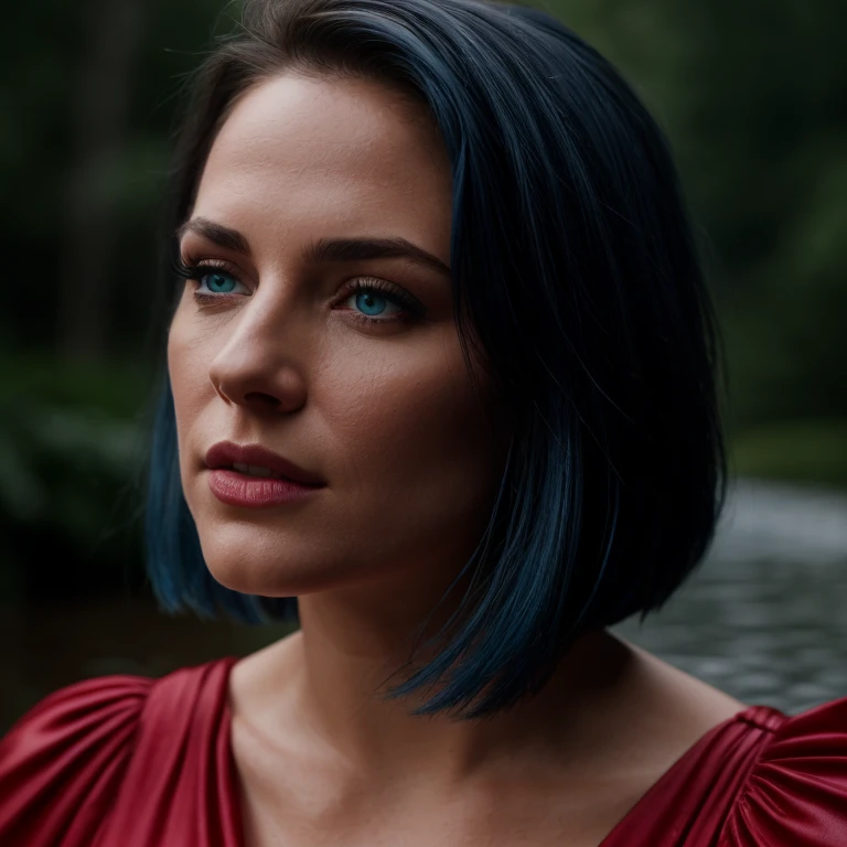 cinematic film still  center of view camera , still photorealistic, ultra-realistic, glowing color hair,   40 year old woman,blue detailed  eyes, long blue theme, eyeshadow,  skin pores, shiny skin, selfie, red dress, photo shoot, rain  background, allurin...