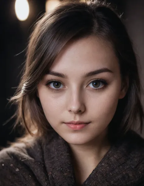 dark shot, photo of a cute 24 y.o woman, perfect eyes, natural skin, skin moles, looks at viewer, cinematic shot