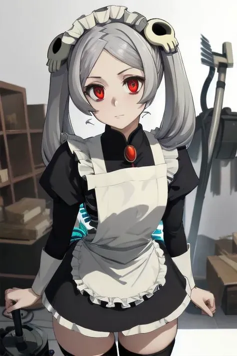 an anime girl with white hair holding what looks like a machine gun, 1girl, vacuum cleaner, maid, red eyes, thighhighs, underwear, solo, panties, ass, hair ornament, maid headdress, twintails, skull hair ornament, apron, grey background, white thighhighs<l...